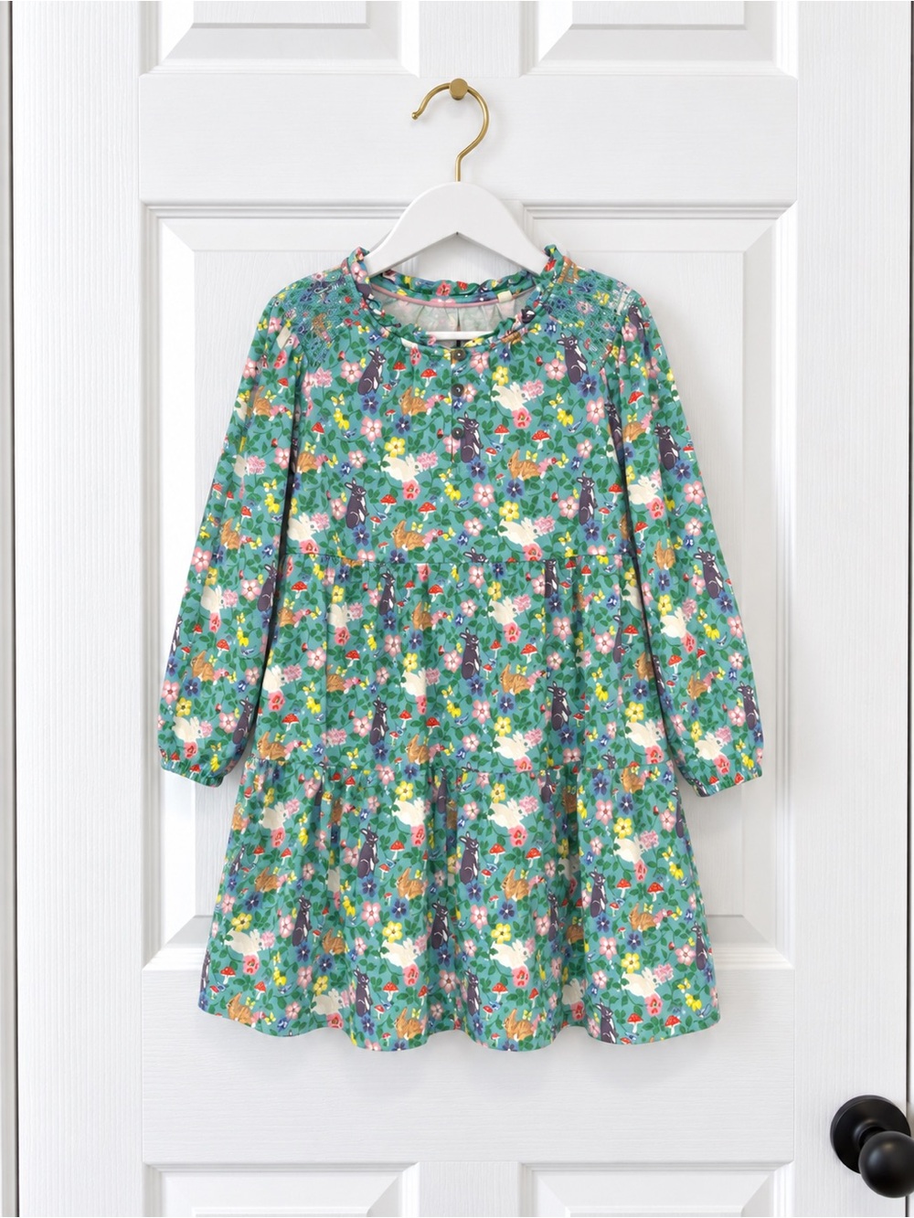 Mini Boden Girls 8-9 Woodland Rabbit Floral Mushroom Tiered Dress